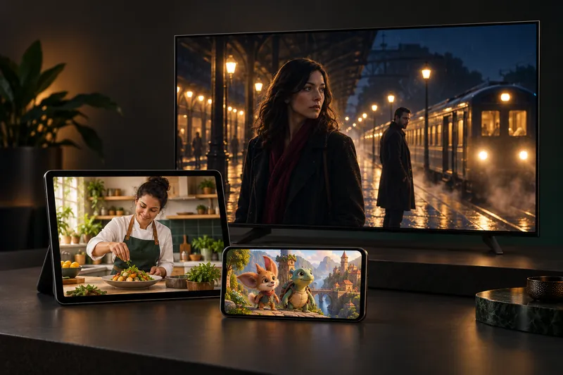 TV, tablet e smartphone con diverse scene di intrattenimento.