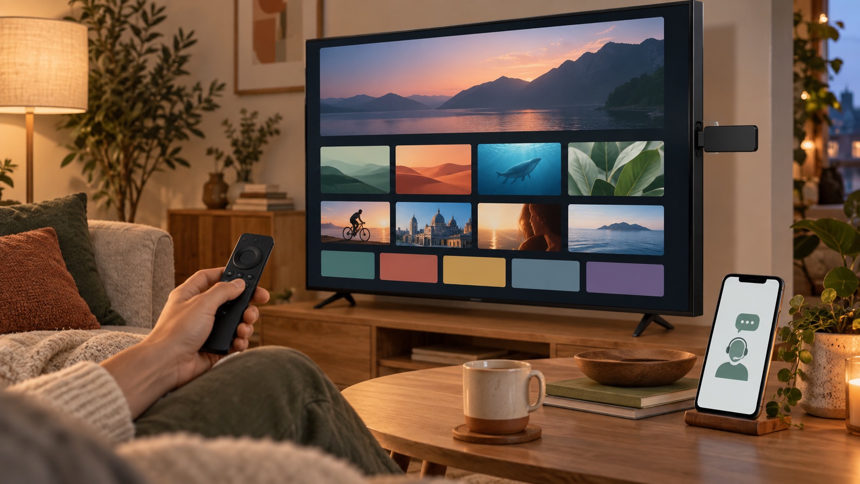 Illustrazione di un Fire TV collegato alla TV e di un telecomando durante la configurazione di Luma Player