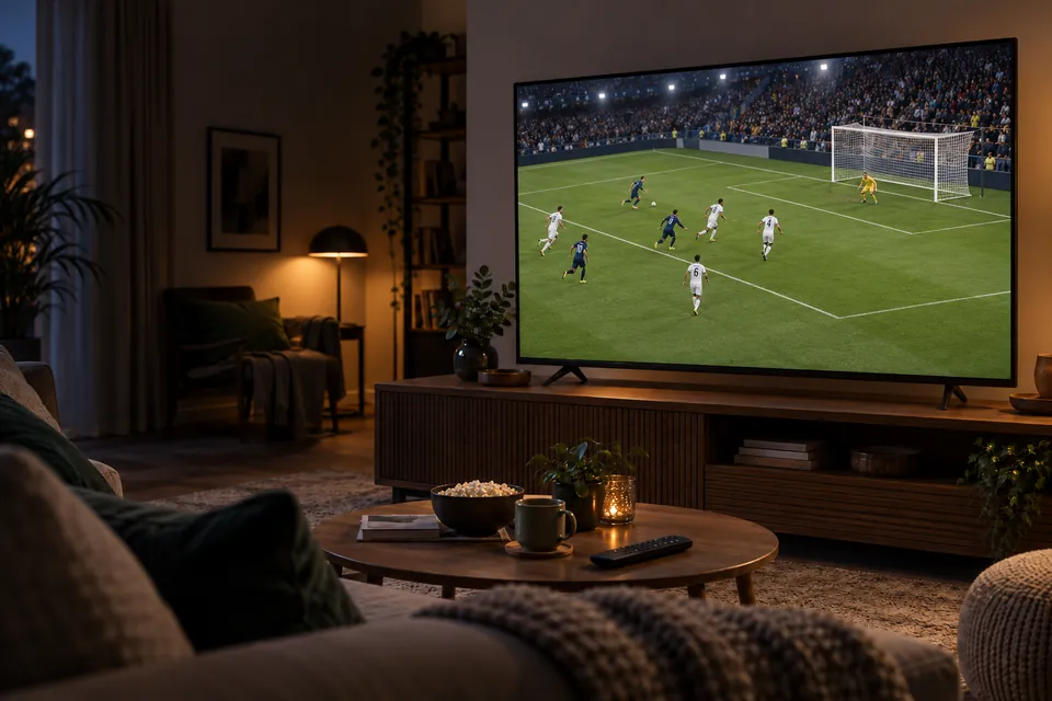 Una serata di calcio su una TV di casa; immagine illustrativa.