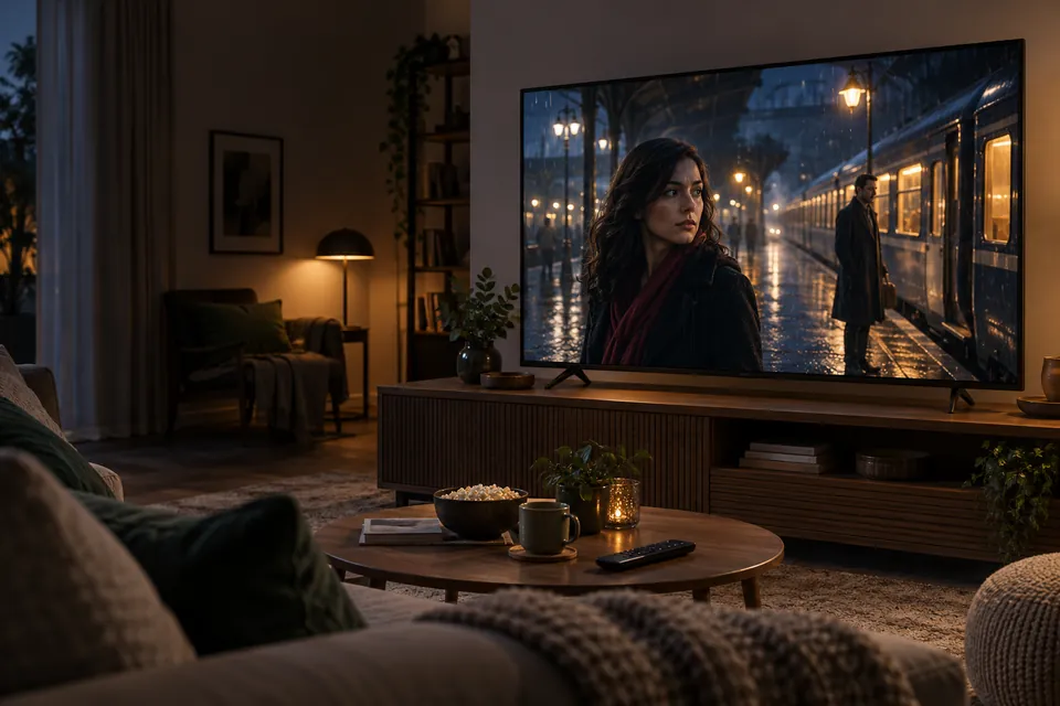 Una serata di televisione a casa, con una scena di fiction sullo schermo.