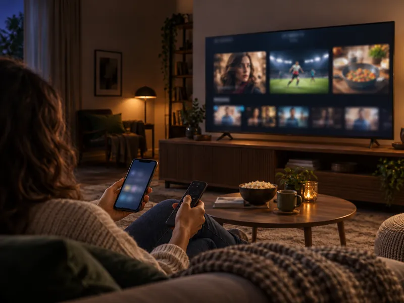 Una persona con smartphone e telecomando che prepara la TV dal divano.